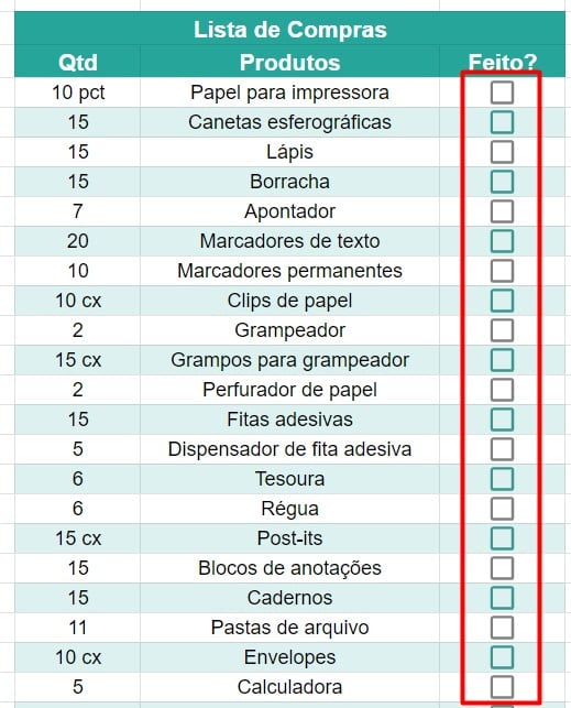 Checklist no Google Sheets