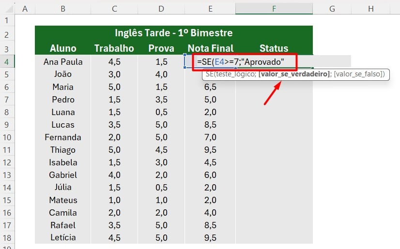 Usando a Função SE para Classificar Aprovado e Reprovado no Excel