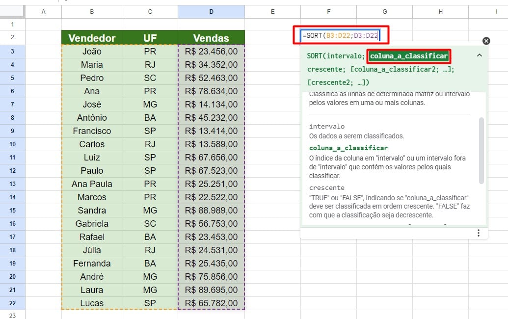 Usando a Função SORT do Google Sheets