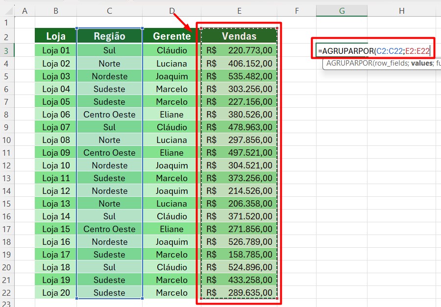 Aplicação da Função AGRUPARPOR no Excel.