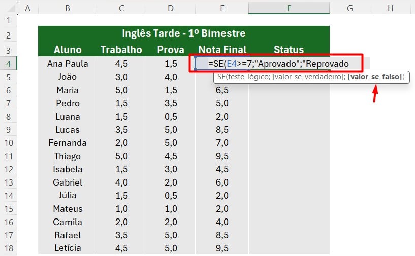 Usando a Função SE para Classificar Aprovado e Reprovado no Excel