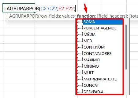 Utilizando a Função AGRUPARPOR e aplicando as sintaxes.