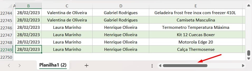 Arrastando a Barra de Rolagem para o Lado no Excel  -Pule Para o Último Item da Linha ou Coluna no Excel