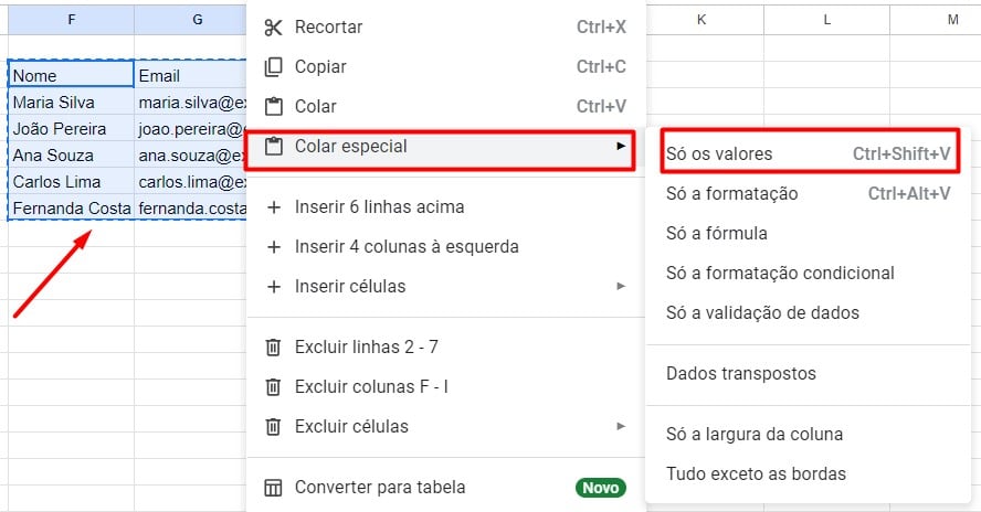 Colando Especial no Google Planilhas