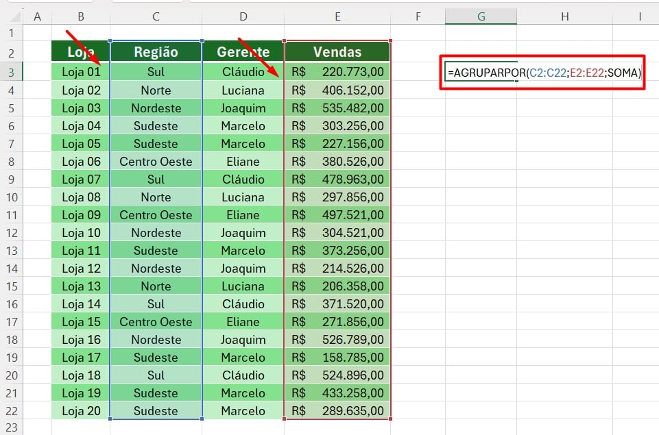 Aplicação da Fórmula AGRUPARPOR na coluna Região e Vendas no Excel.