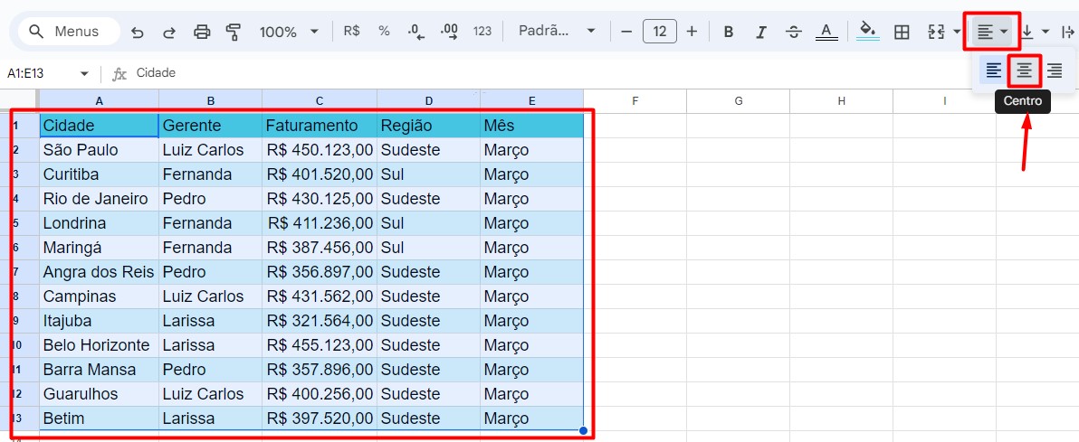 Centralizando a Tabela do Google Planilhas