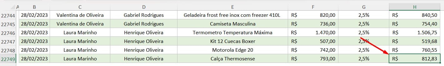 Resultado: Pule Para o Último Item da Linha ou Coluna no Excel - Última Célula da Última Linha no Excel