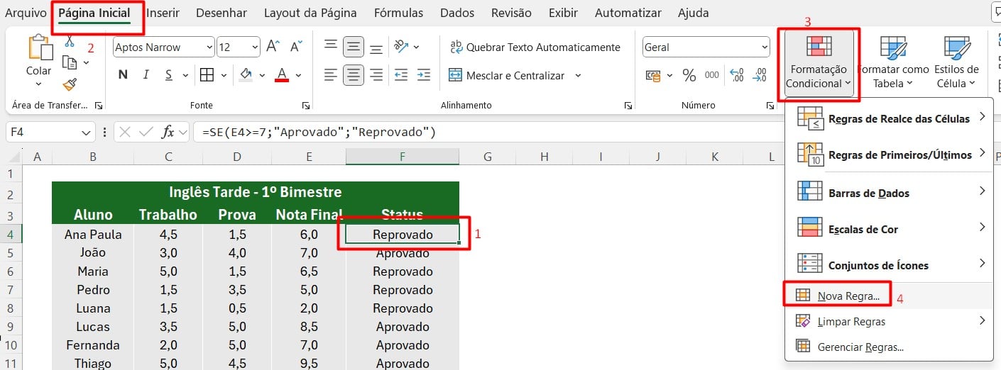 Usando a Formatação Condicional para Aprovado e Reprovado no Excel