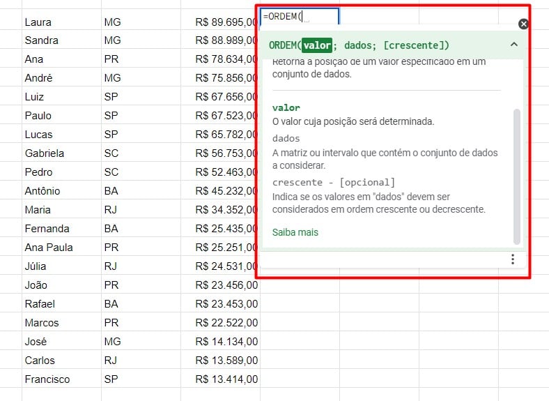 Usando a Função ORDEM do Google Sheets