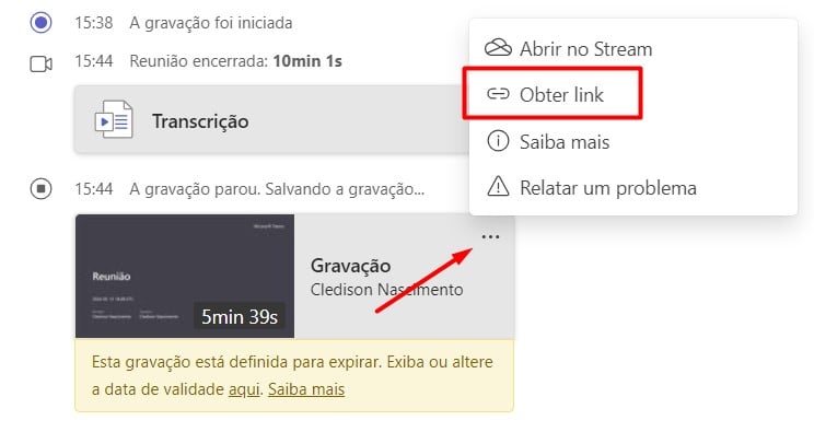 Como Obter o Link da Gravação da Reunião no Teams