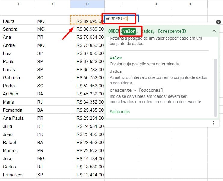 Usando a Função ORDEM do Google Sheets