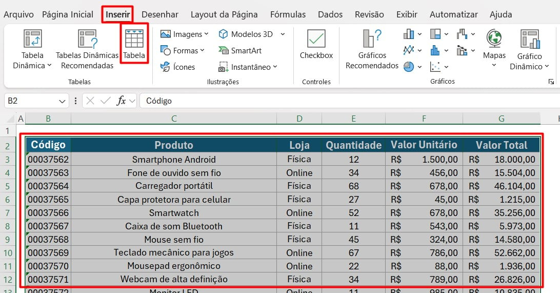 Como Inserir Tabela no Excel