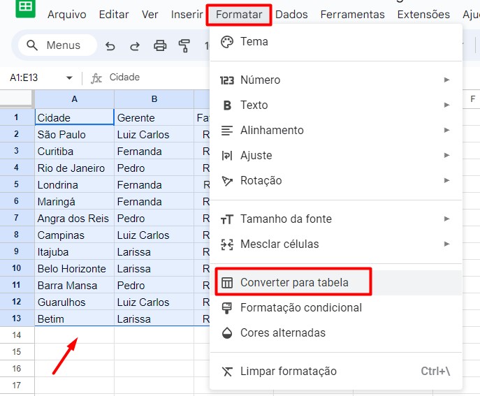  Formatando Como Tabela no Google Planilhas