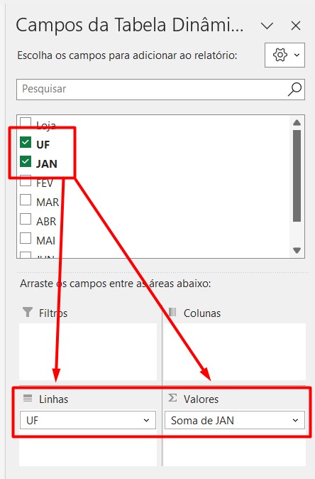 Inserindo Campos na Tabela Dinâmica no Excel