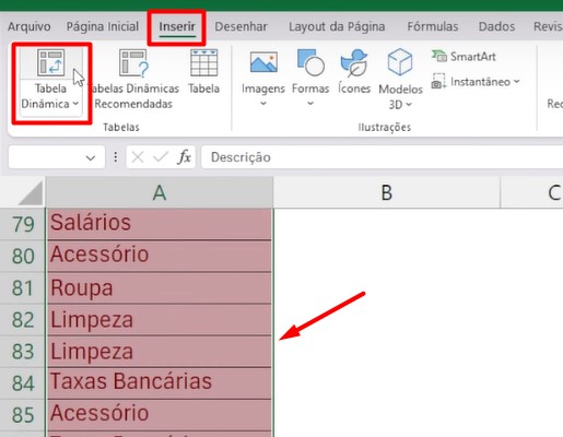 Inserindo Tabela Dinâmica no Excel