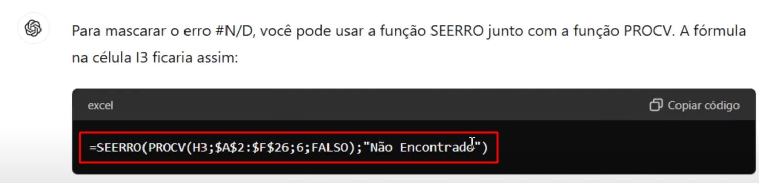 Orientação da Função SEERRO pelo ChatGPT