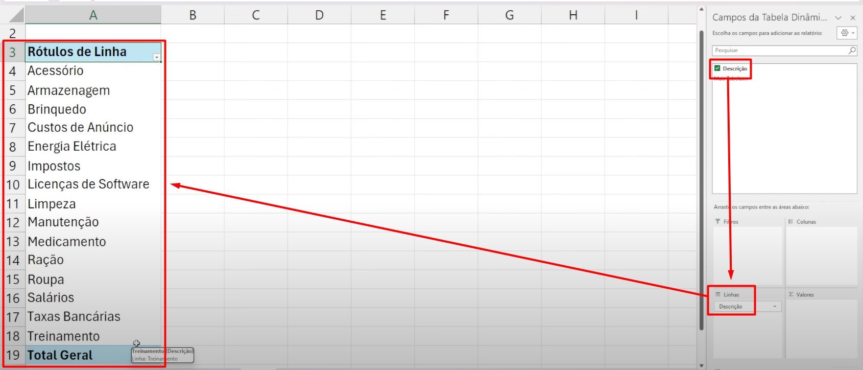 Resultado da Tabela Dinâmica no Excel