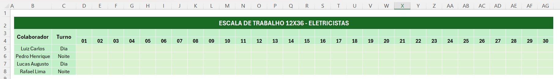 Layout de Escala de Trabalho 12x36 no Excel