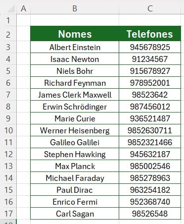 Tabela no Excel com Números de Telefone e Nomes