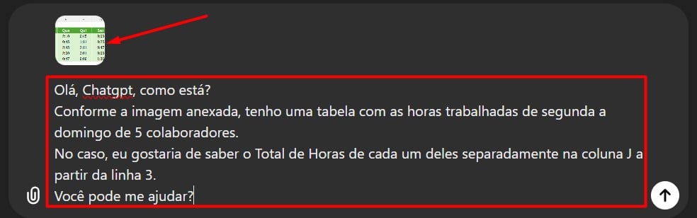 Prompt Enviado ao ChatGPT para Saber o Total de Horas no Excel