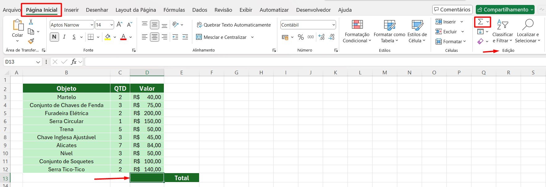 Usando AutoSoma no Excel - Qual a Forma de Descobrir o Valor Total no Excel