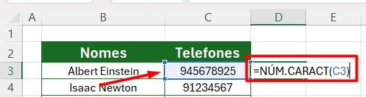 Aplicando a Função NÚM.CARACT no Excel