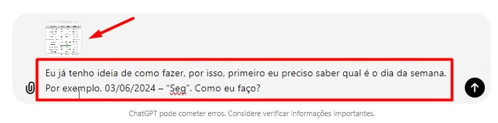 Anexo e Prompt Enviados ao ChatGPT - Como Saber o Dia da Semana POR EXTENSO no Excel Utilizando o ChatGPT 