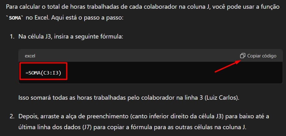 Copiando Função do Excel no ChatGPT