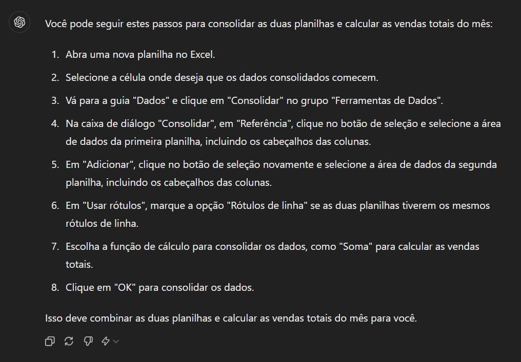 Passo a Passo Enviado Pelo ChatGPT para Consolidar Dados no Excel - Como Fazer a Consolidação de Dados no Excel Usando o ChatGPT