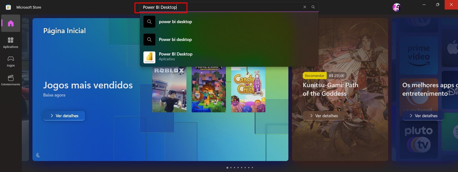 Pesquisando o Power BI no Microsoft Store
