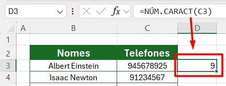 Resultado da Aplicação da Função NÚM.CARACT no Excel - Como Contar Quantidade de Caracteres no Excel