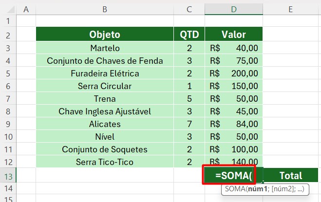 Usando a Função SOMA no Excel