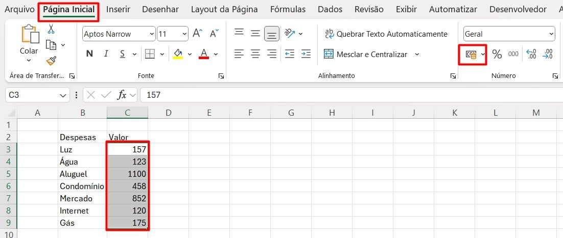 Configurando os Números para Moeda Contábil no Excel