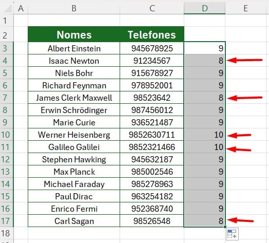 Resultado da Aplicação da Função NÚM.CARACT no Excel - Como Contar Quantidade de Caracteres no Excel