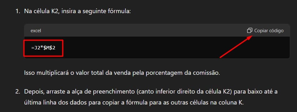 Copiando Função do Excel no ChatGPT