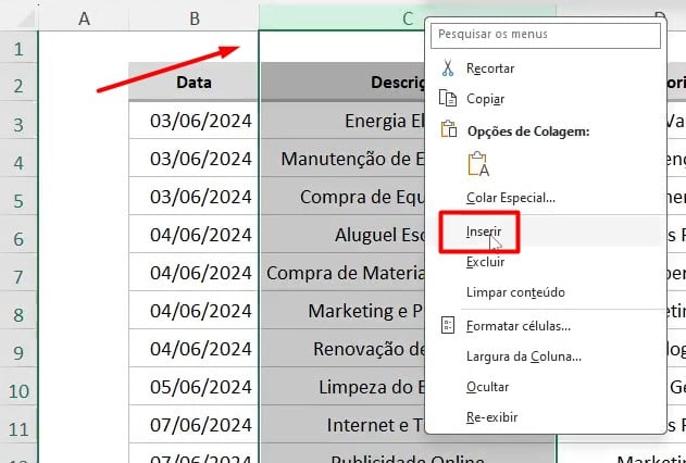 Inserindo uma Coluna no Excel