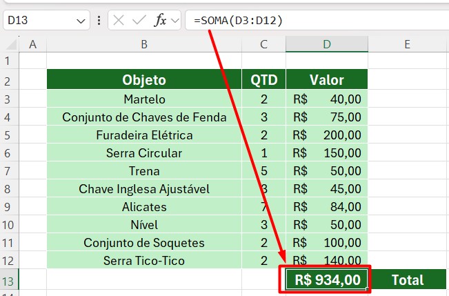 Resultado da Função SOMA no Excel