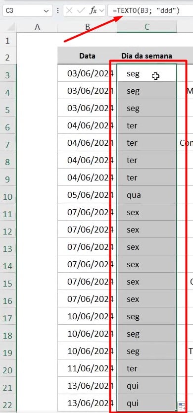 Aplicação da Função TEXTO nas Demais Células no EXCEL