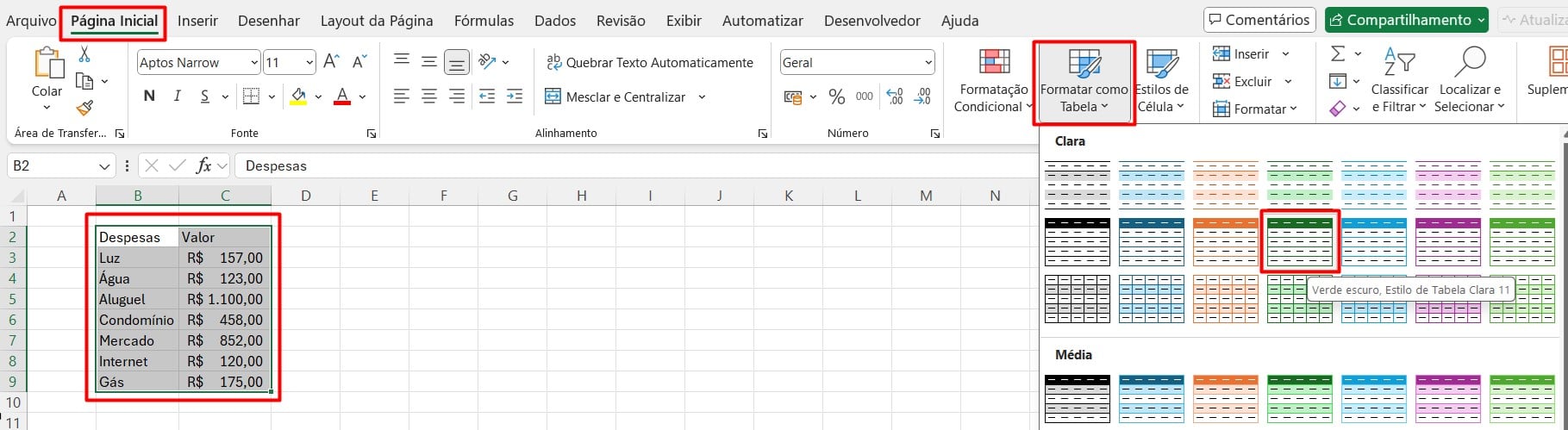 Formatando Como Tabela no Excel