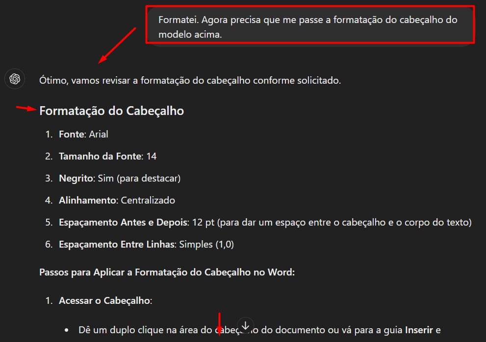 Prompt Enviado ao ChatGPT para Formatar Cabeçalho - Aulão de Word com ChatGPT