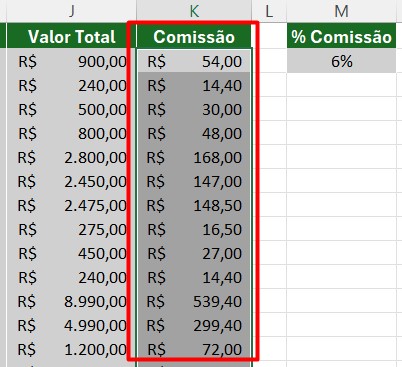 Resultado do Valor da Comissão no Excel