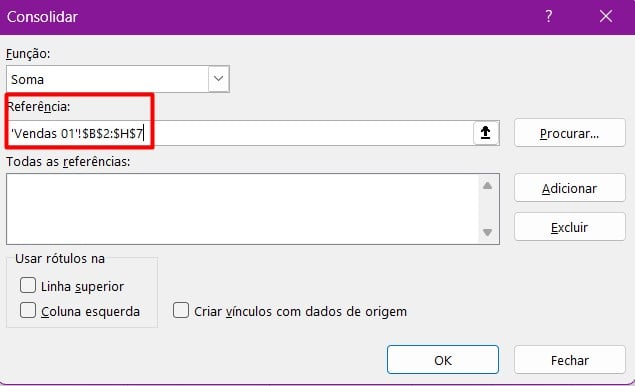 Selecionando a Referência Consolidando Dados no Excel