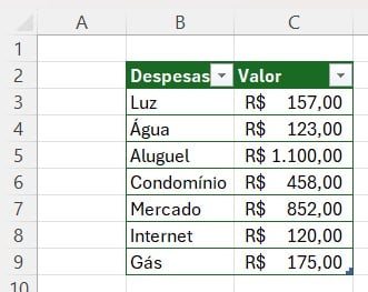 Informações Formatadas como Tabela no Excel