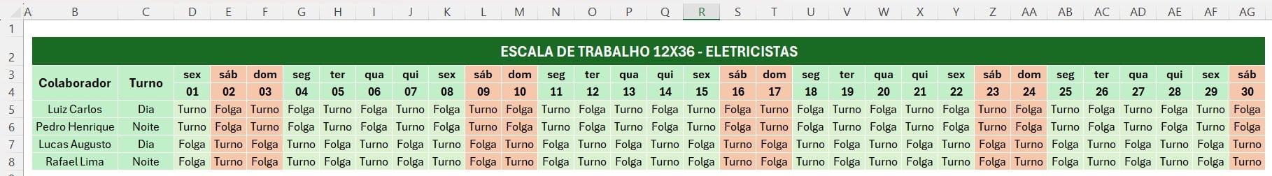 Escala de Trabalho 12x36 Preenchida no Excel