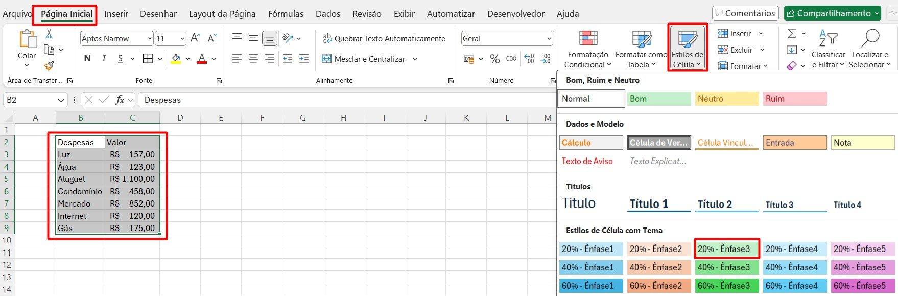 Escolhendo Estilo de Célula no Excel