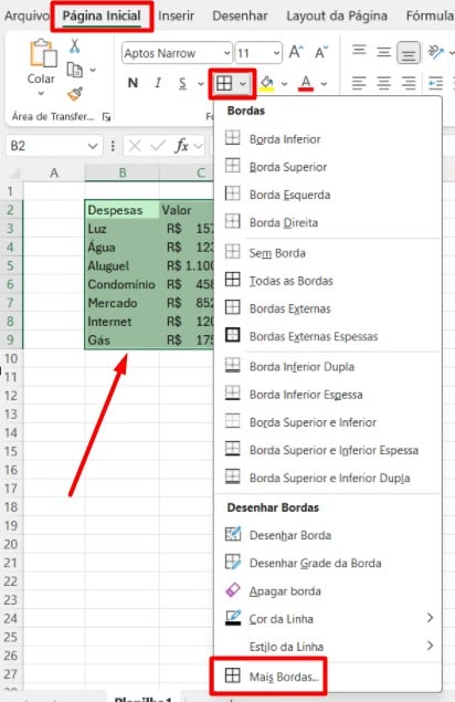 Configurando Bordas no Excel