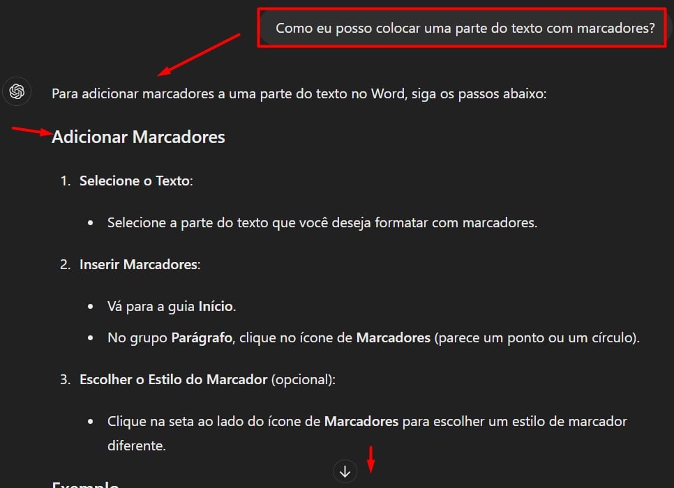 Prompt Enviado ao ChatGPT Sobre Como Inserir Marcadores - Aulão de Word com ChatGPT