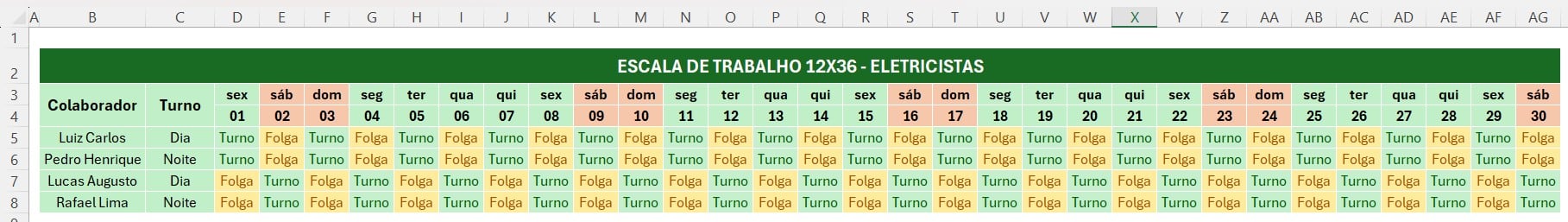 Escala de Trabalho 12x36 Configurada no Excel