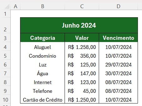 Base de Dados com as Despesas do Mês no Excel