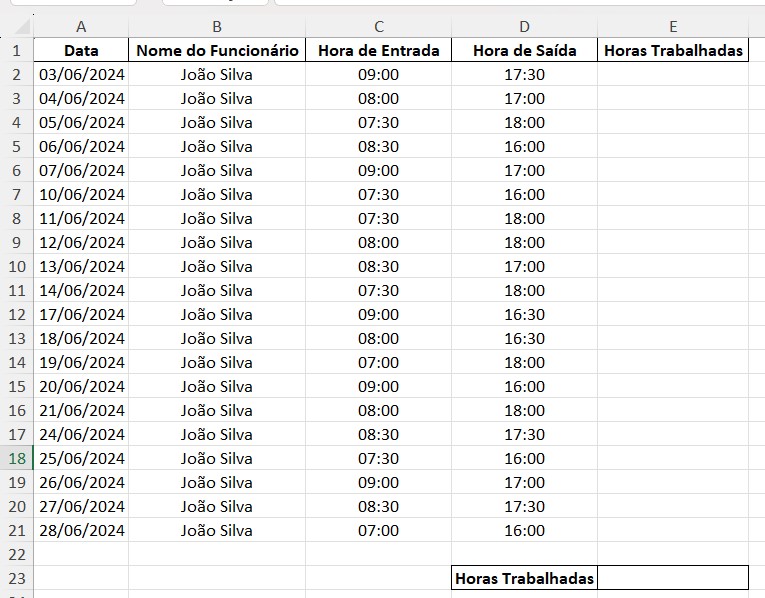 Base de Dados com as Horas Trabalhadas no Excel